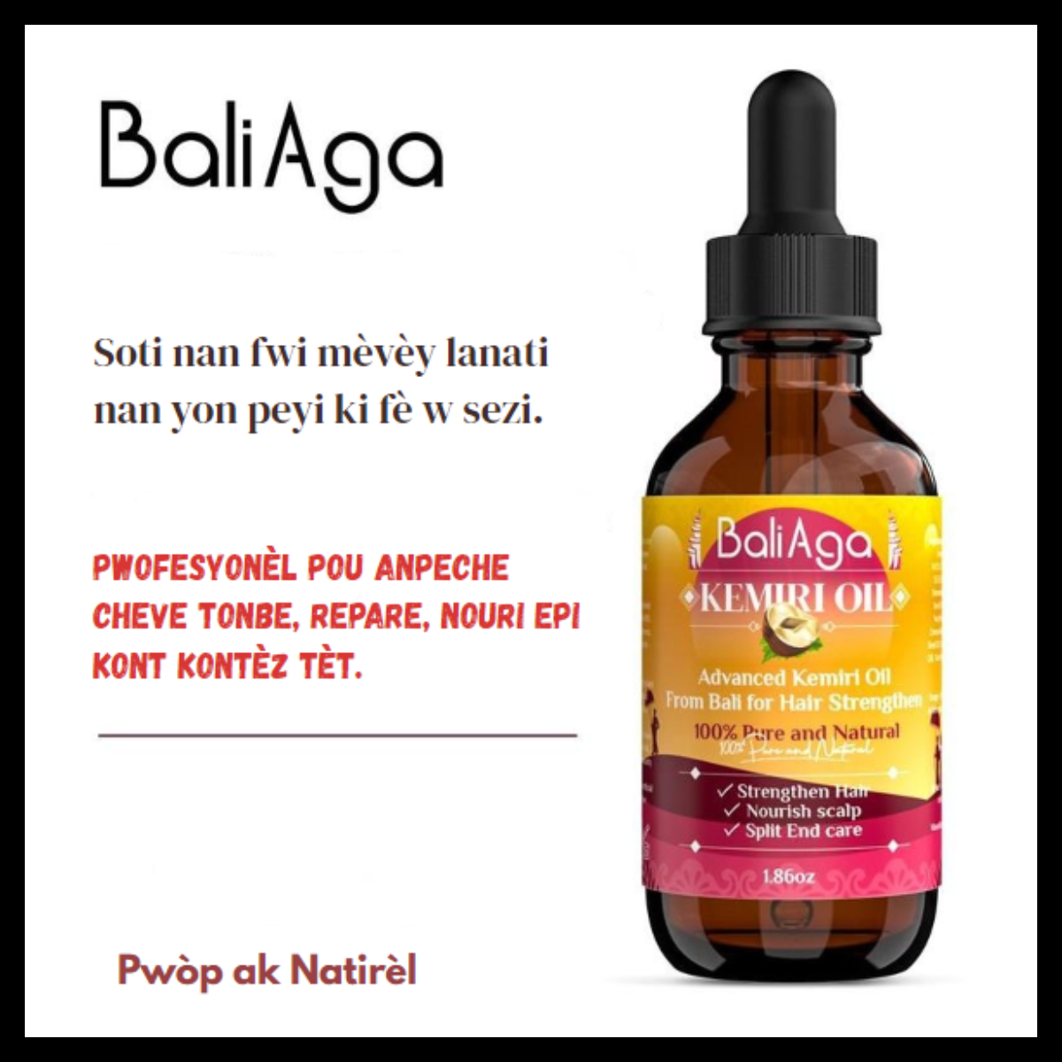 Lwil Kemiri BaliAga – Lwil Natirèl pou Cheve | Fè Cheve Grandi, Nouri Po Tèt, Repare Pwent Fann